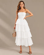 Strapless Smocked Bodice Tiered Maxi Dress | Oyese