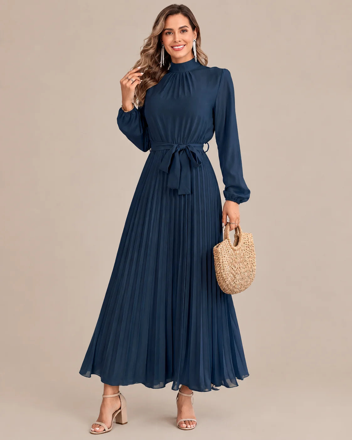 Ruffled Mock Neck Belted Pleated Midi Dress | Oyese