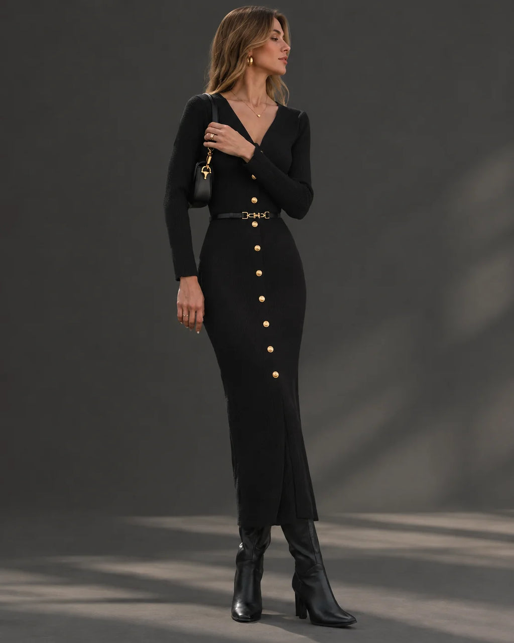 Ribbed Knit Button-Front Sweater Dress + Free Belt | Oyese