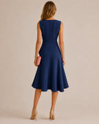 Twisted Knot Waist Midi Dress – Sleeveless Round Neck Office Dress | Oyese