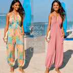 Halter Neck Wide-Leg Jumpsuit in Tropical Print