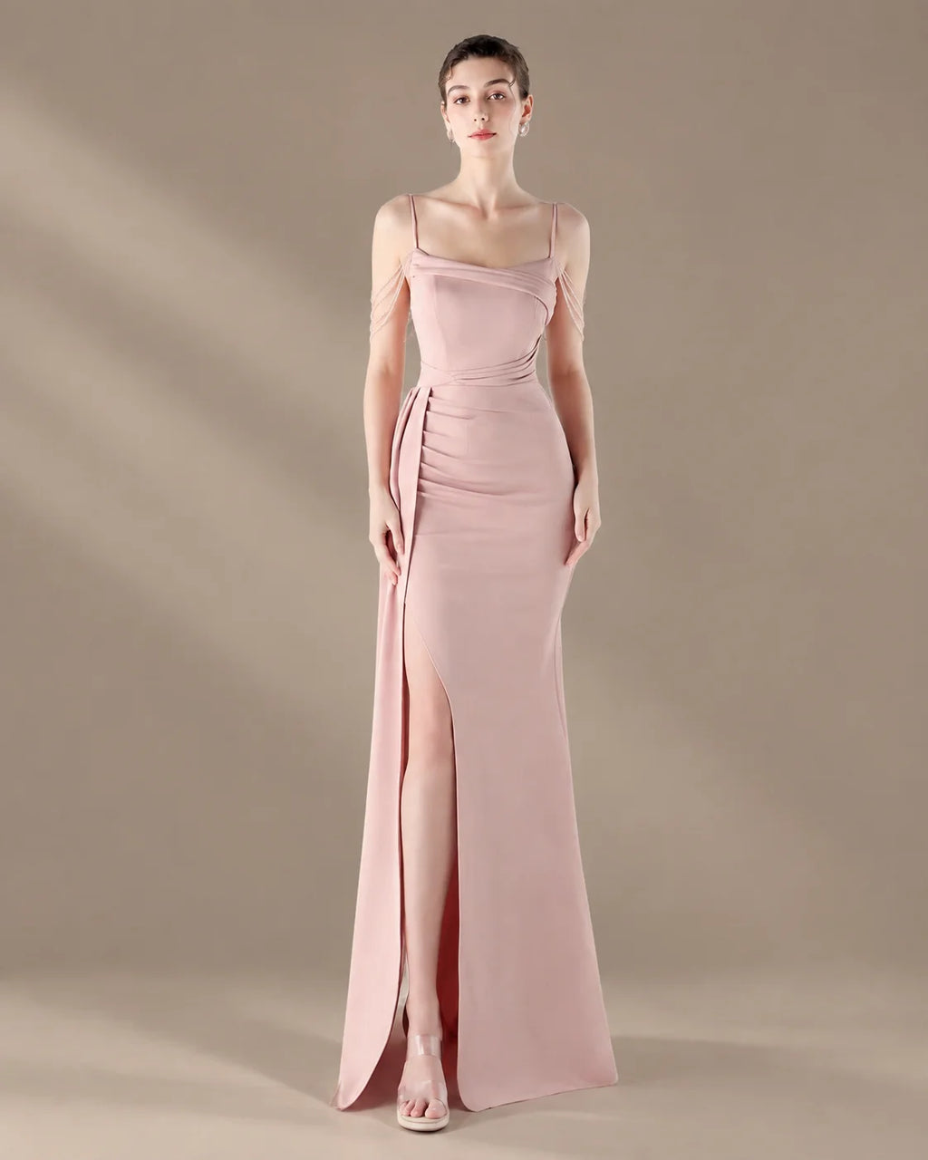 Spaghetti Strap Beaded Chain Draped Satin Mermaid Gown | Oyese
