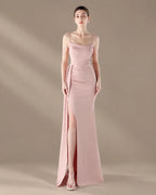 Spaghetti Strap Beaded Chain Draped Satin Mermaid Gown | Oyese