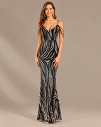 Spaghetti Strap Striped Sequin Mermaid Evening Gown | Oyese
