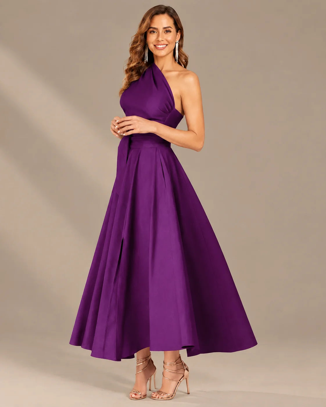 One-Shoulder Cap Sleeve Belted Fit and Flare Midi Dress | Oyese