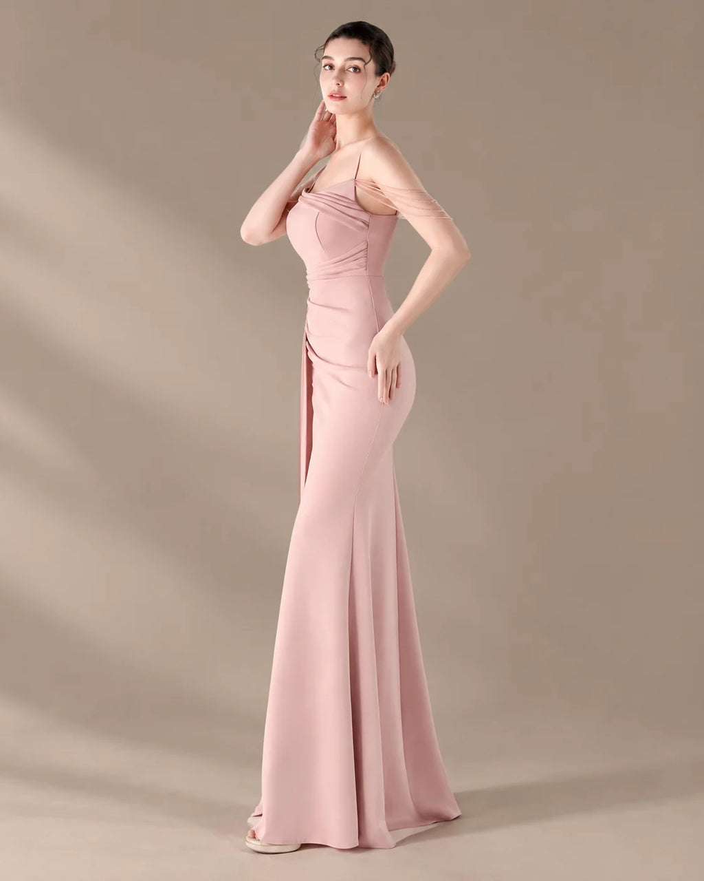 Spaghetti Strap Beaded Chain Draped Satin Mermaid Gown | Oyese