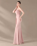 Spaghetti Strap Beaded Chain Draped Satin Mermaid Gown | Oyese