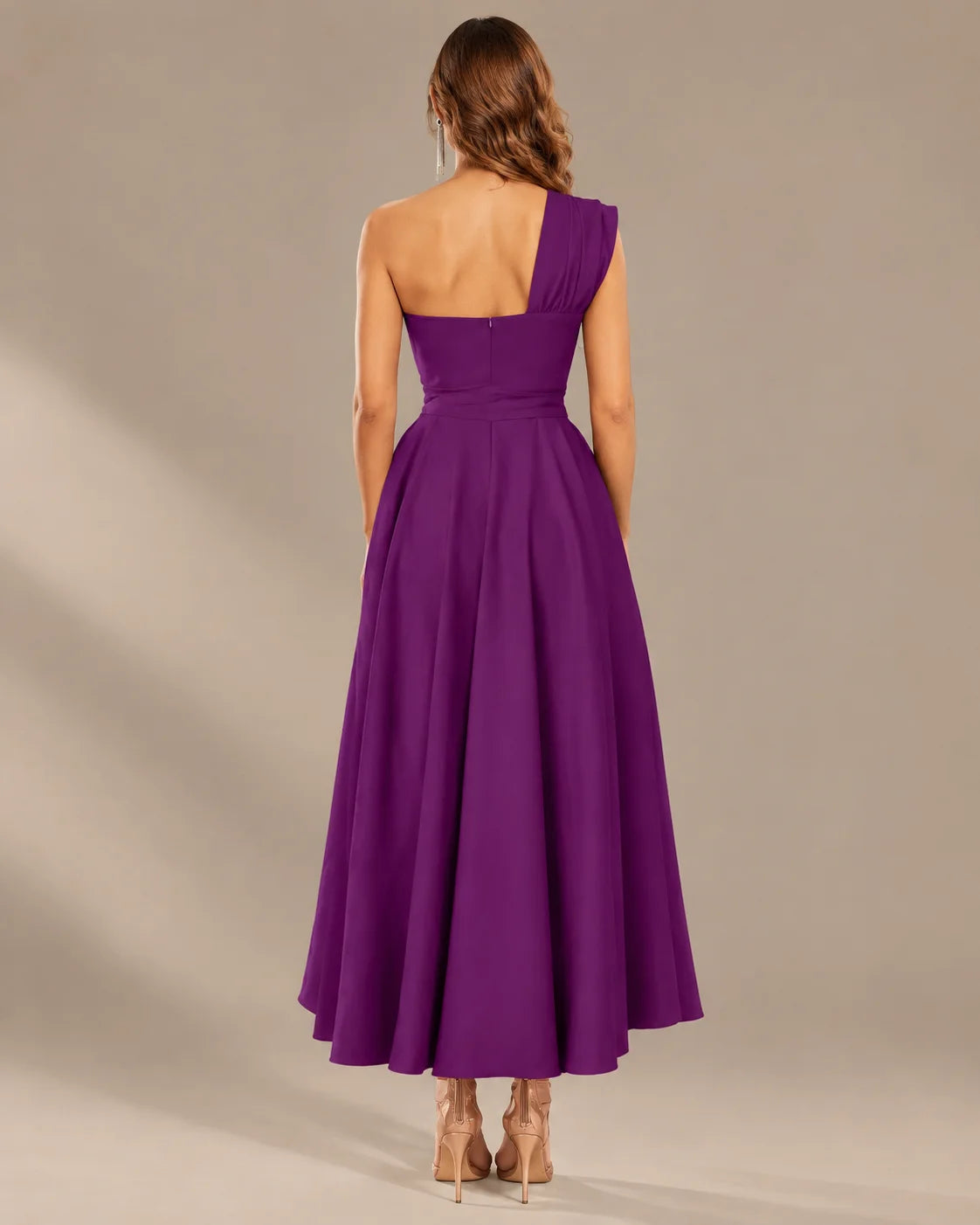One-Shoulder Cap Sleeve Belted Fit and Flare Midi Dress | Oyese