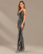 Spaghetti Strap Striped Sequin Mermaid Evening Gown | Oyese