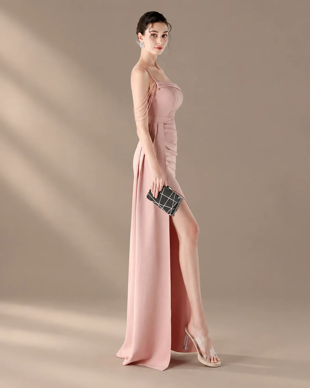 Spaghetti Strap Beaded Chain Draped Satin Mermaid Gown | Oyese