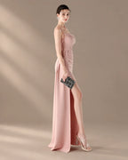 Spaghetti Strap Beaded Chain Draped Satin Mermaid Gown | Oyese