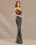 Spaghetti Strap Striped Sequin Mermaid Evening Gown | Oyese