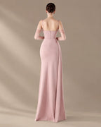 Spaghetti Strap Beaded Chain Draped Satin Mermaid Gown | Oyese