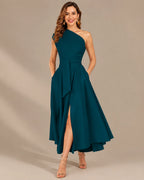 One-Shoulder Cap Sleeve Belted Fit and Flare Midi Dress | Oyese