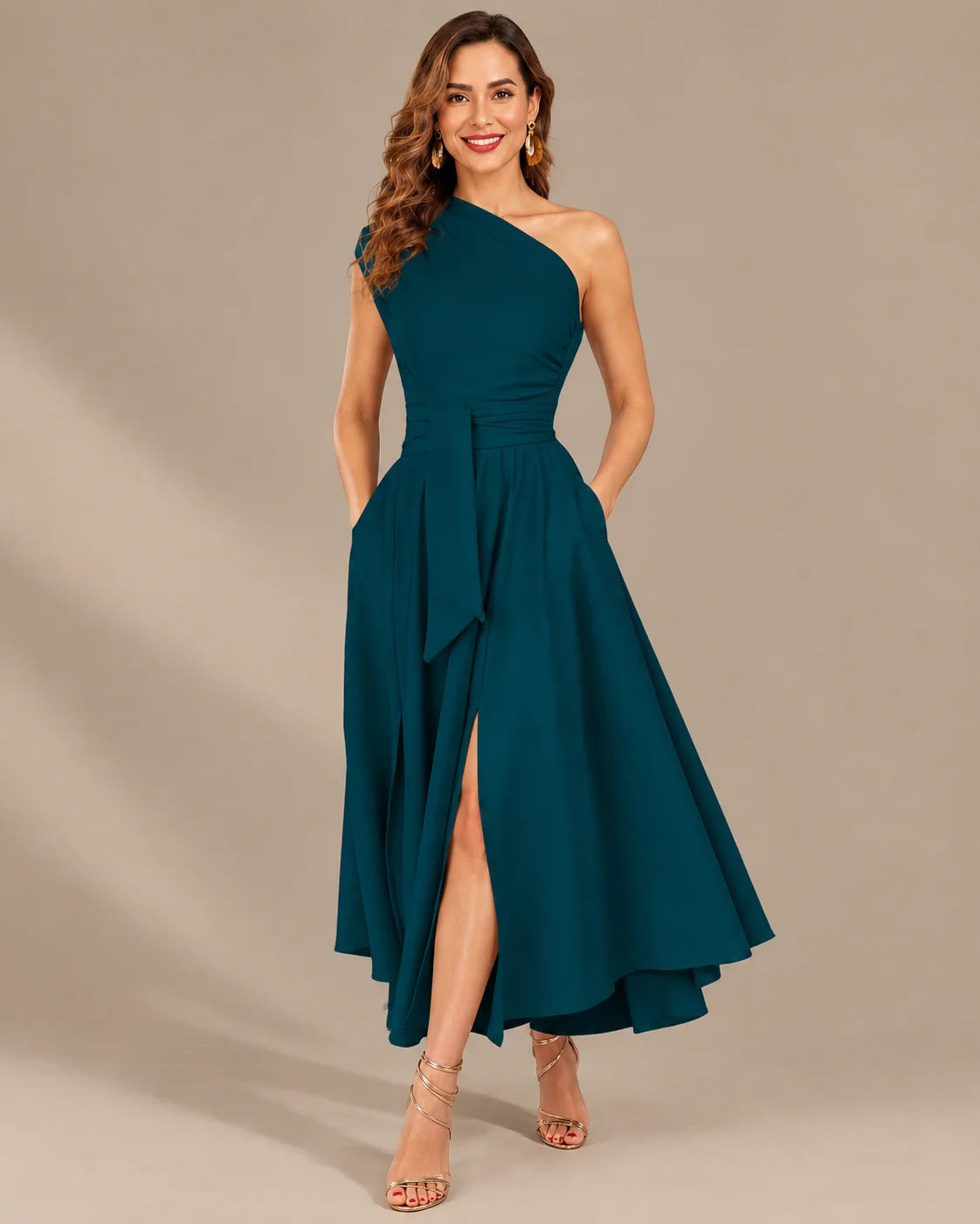 One-Shoulder Cap Sleeve Belted Fit and Flare Midi Dress | Oyese