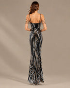 Spaghetti Strap Striped Sequin Mermaid Evening Gown | Oyese