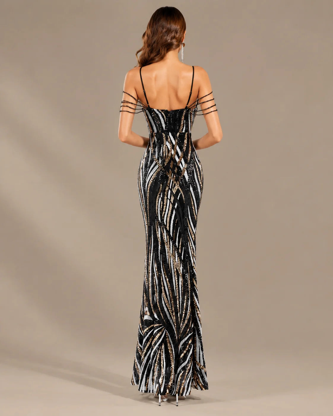 Spaghetti Strap Striped Sequin Mermaid Evening Gown | Oyese