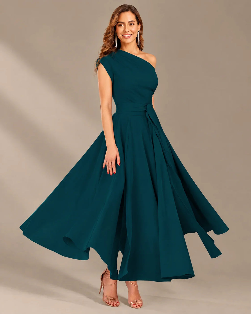 One-Shoulder Cap Sleeve Belted Fit and Flare Midi Dress | Oyese
