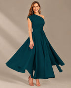 One-Shoulder Cap Sleeve Belted Fit and Flare Midi Dress | Oyese