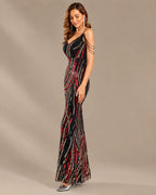 Spaghetti Strap Striped Sequin Mermaid Evening Gown | Oyese
