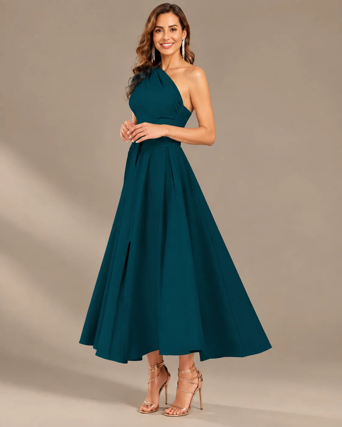 One-Shoulder Cap Sleeve Belted Fit and Flare Midi Dress | Oyese