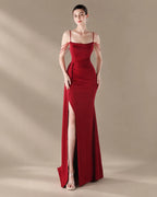 Spaghetti Strap Beaded Chain Draped Satin Mermaid Gown | Oyese