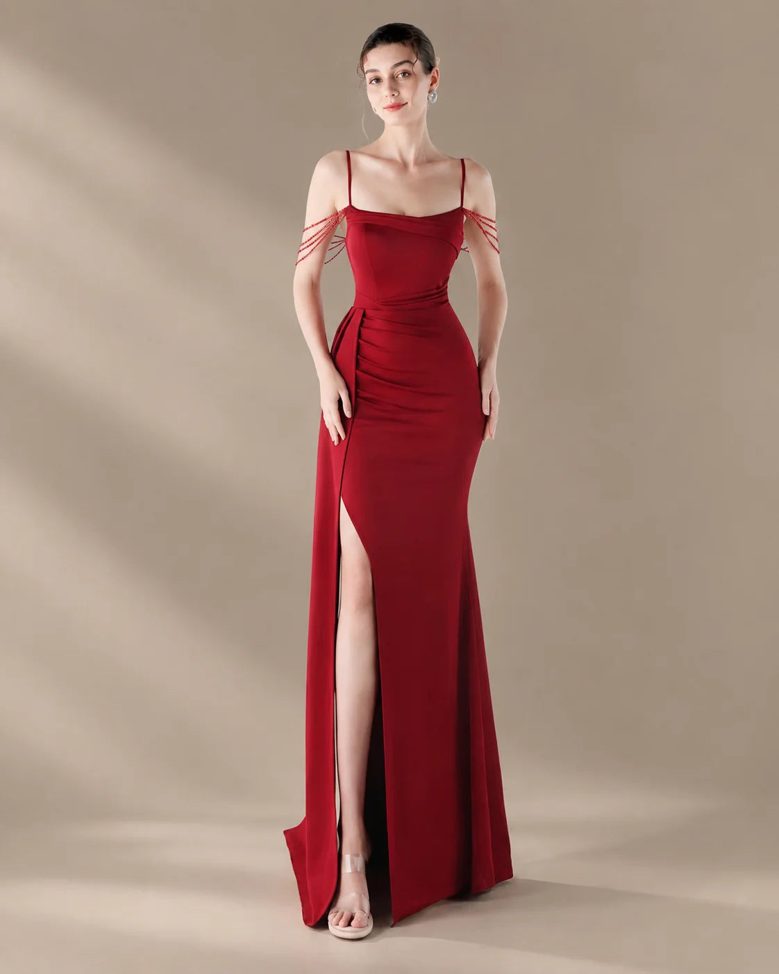 Spaghetti Strap Beaded Chain Draped Satin Mermaid Gown | Oyese