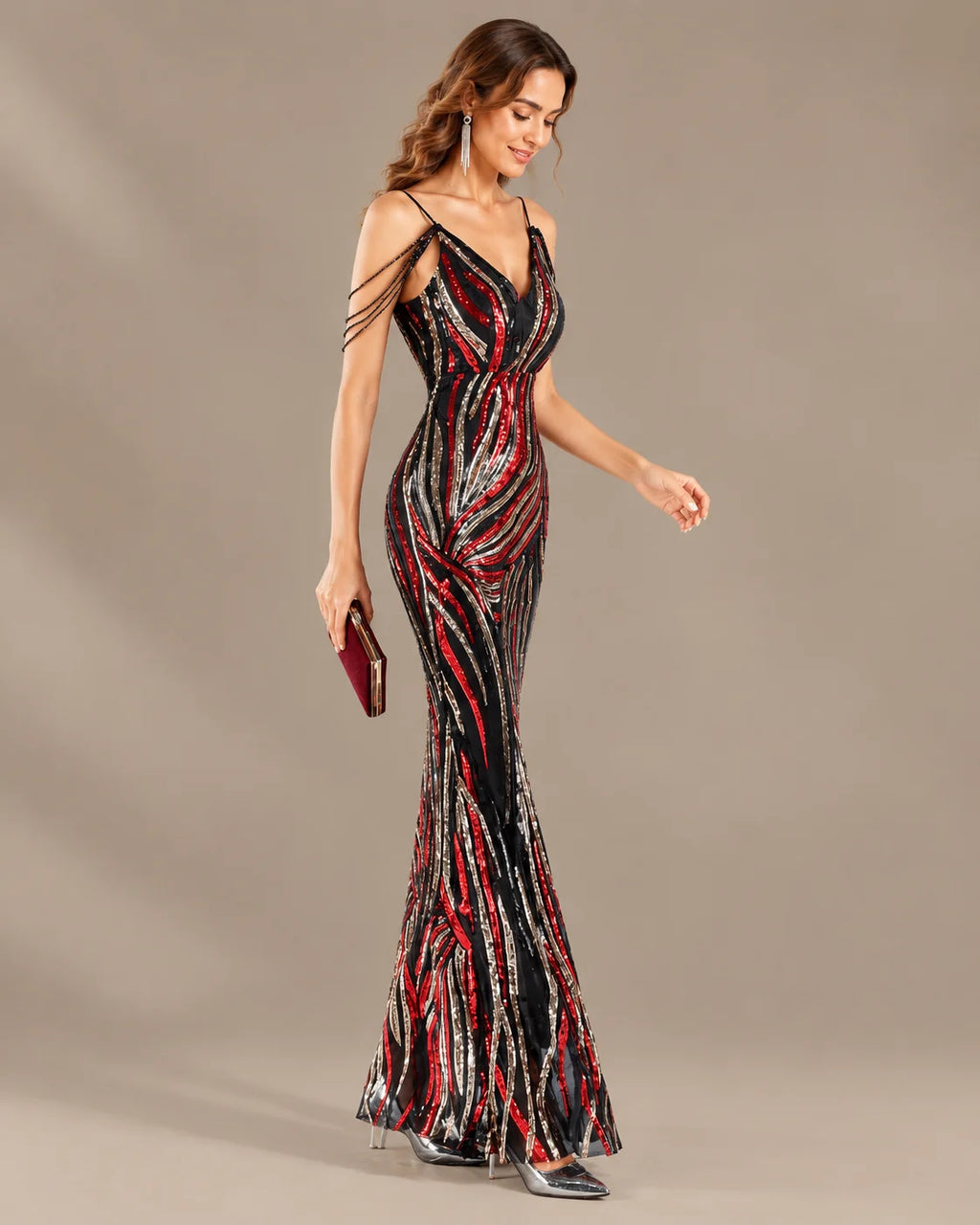 Spaghetti Strap Striped Sequin Mermaid Evening Gown | Oyese