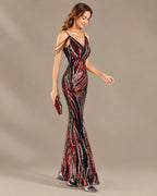 Spaghetti Strap Striped Sequin Mermaid Evening Gown | Oyese