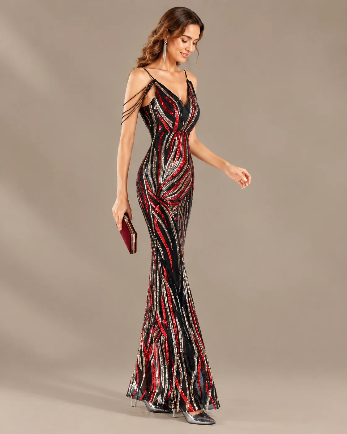 Spaghetti Strap Striped Sequin Mermaid Evening Gown | Oyese