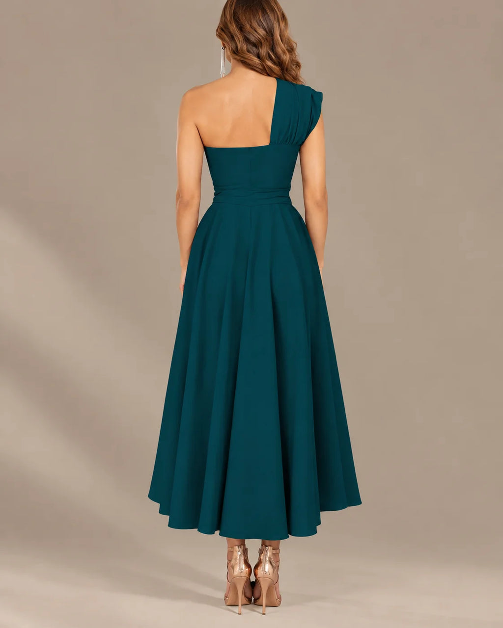 One-Shoulder Cap Sleeve Belted Fit and Flare Midi Dress | Oyese