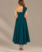 One-Shoulder Cap Sleeve Belted Fit and Flare Midi Dress | Oyese