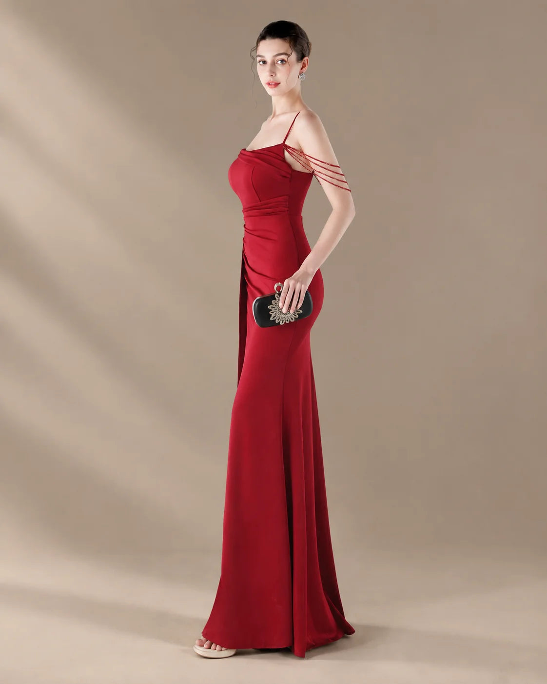 Spaghetti Strap Beaded Chain Draped Satin Mermaid Gown | Oyese