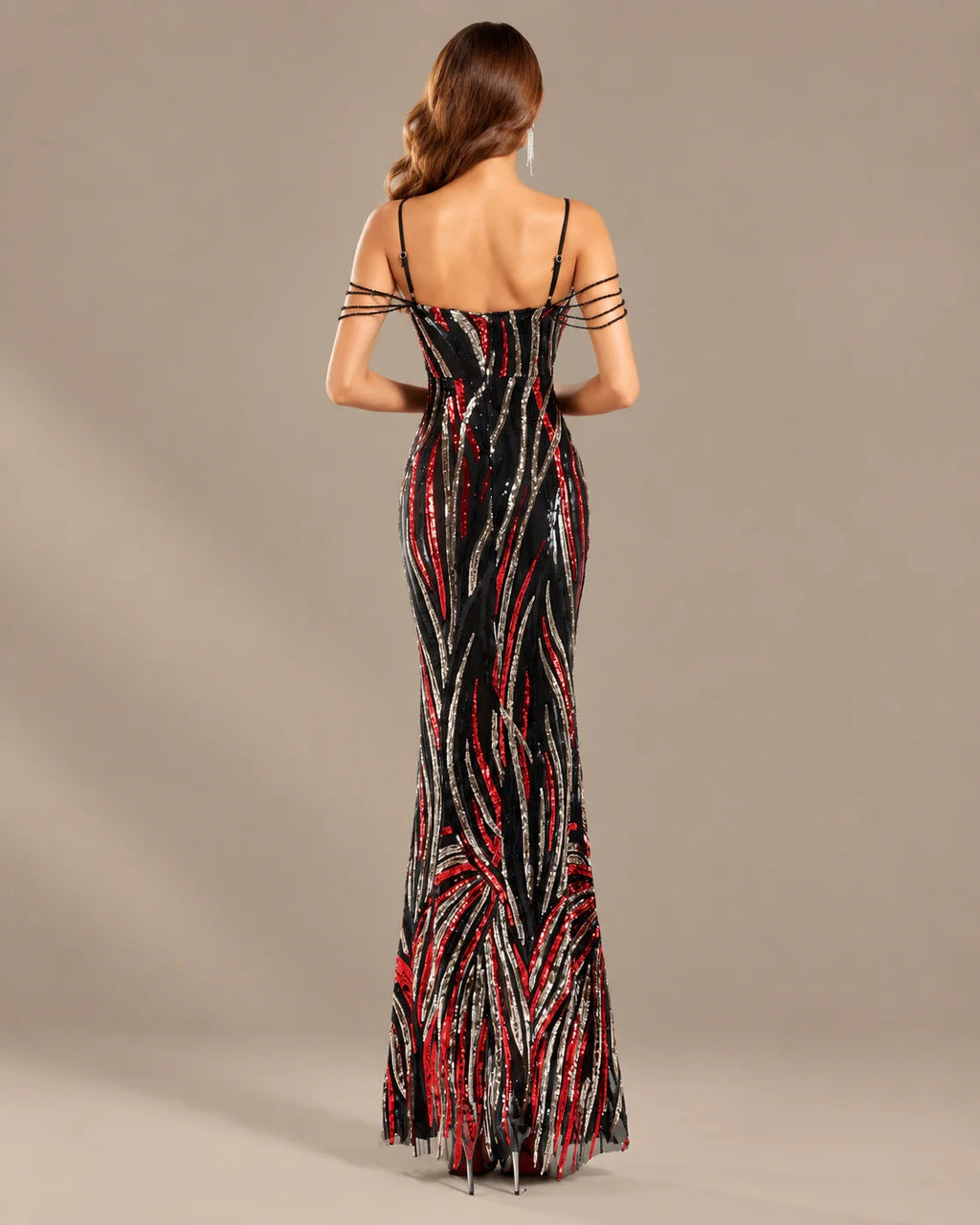 Spaghetti Strap Striped Sequin Mermaid Evening Gown | Oyese