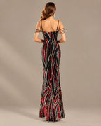 Spaghetti Strap Striped Sequin Mermaid Evening Gown | Oyese