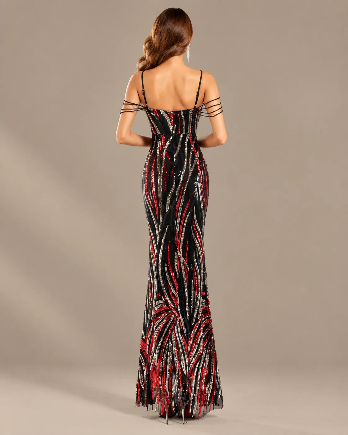 Spaghetti Strap Striped Sequin Mermaid Evening Gown | Oyese