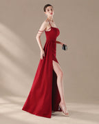 Spaghetti Strap Beaded Chain Draped Satin Mermaid Gown | Oyese