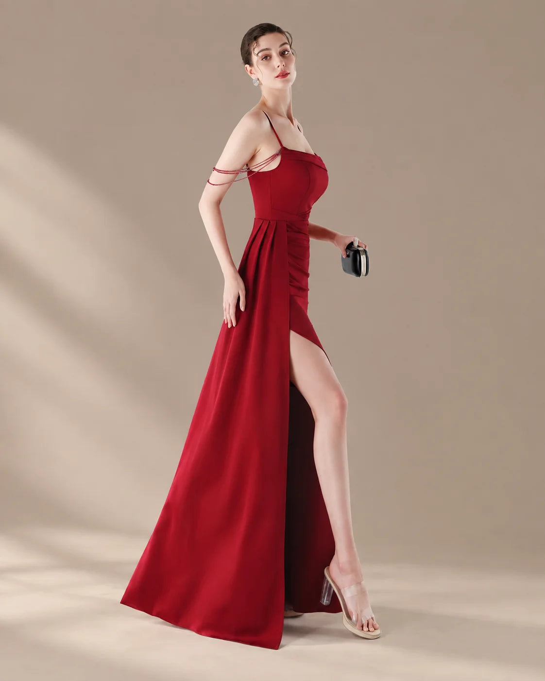 Spaghetti Strap Beaded Chain Draped Satin Mermaid Gown | Oyese