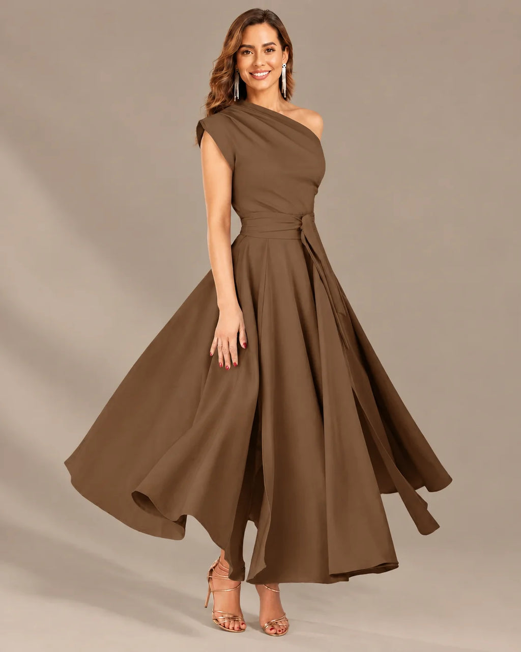 One-Shoulder Cap Sleeve Belted Fit and Flare Midi Dress | Oyese