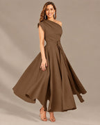One-Shoulder Cap Sleeve Belted Fit and Flare Midi Dress | Oyese