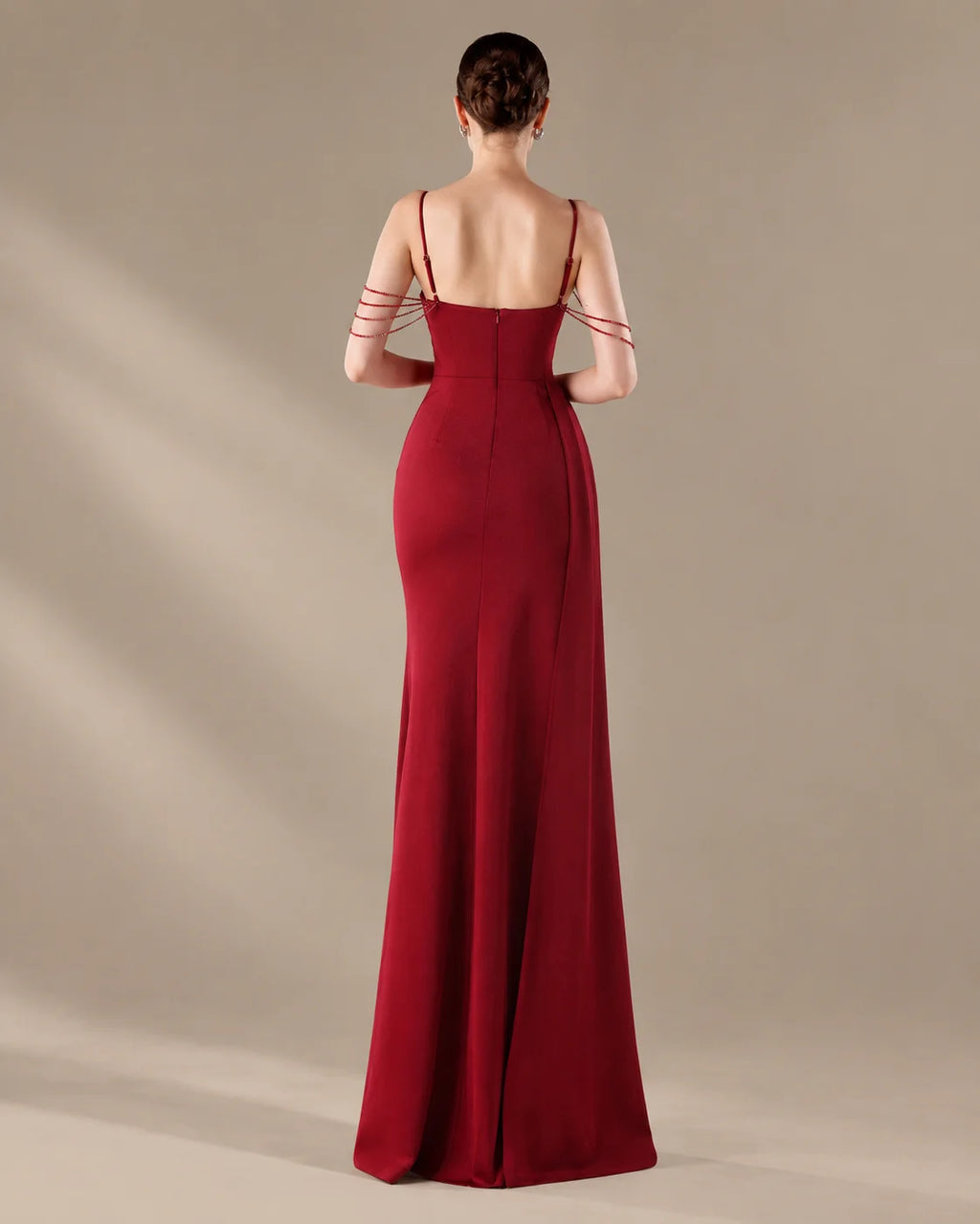 Spaghetti Strap Beaded Chain Draped Satin Mermaid Gown | Oyese