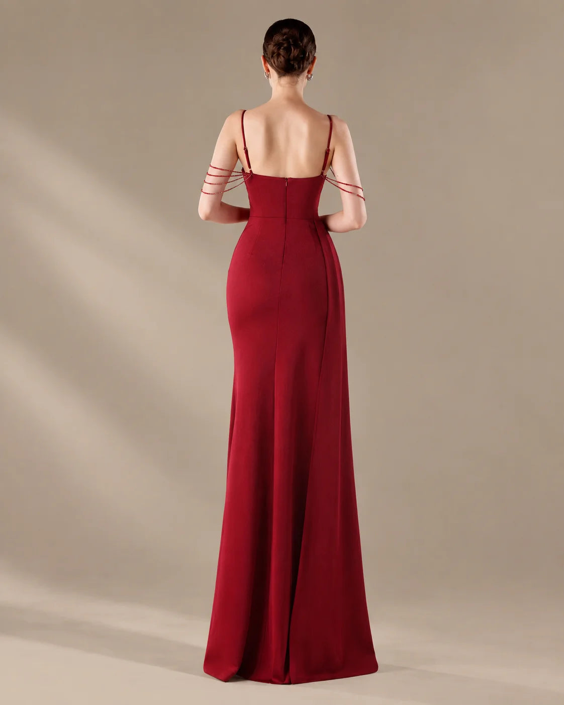 Spaghetti Strap Beaded Chain Draped Satin Mermaid Gown | Oyese