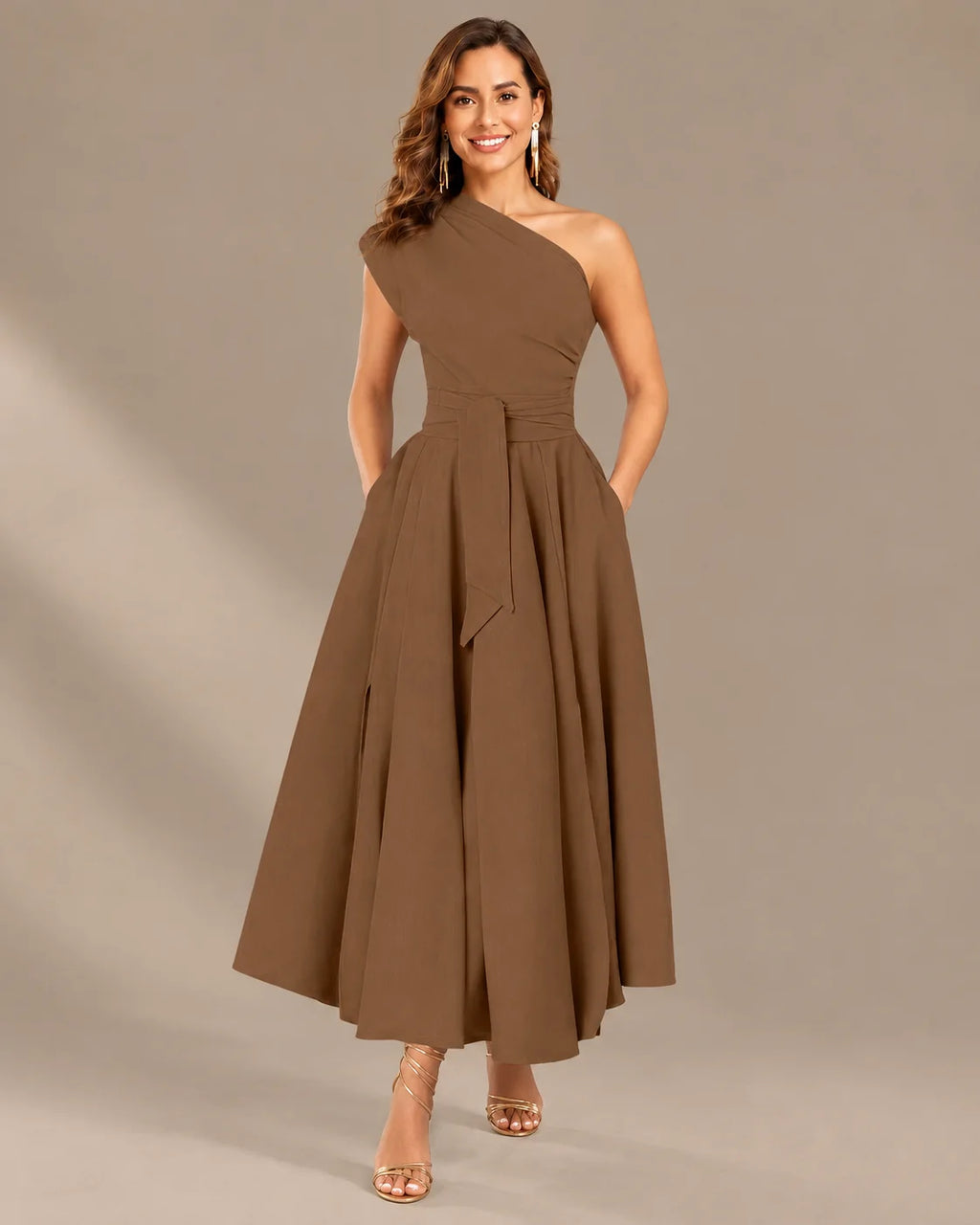 One-Shoulder Cap Sleeve Belted Fit and Flare Midi Dress | Oyese