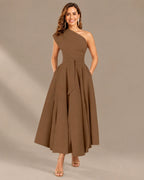 One-Shoulder Cap Sleeve Belted Fit and Flare Midi Dress | Oyese