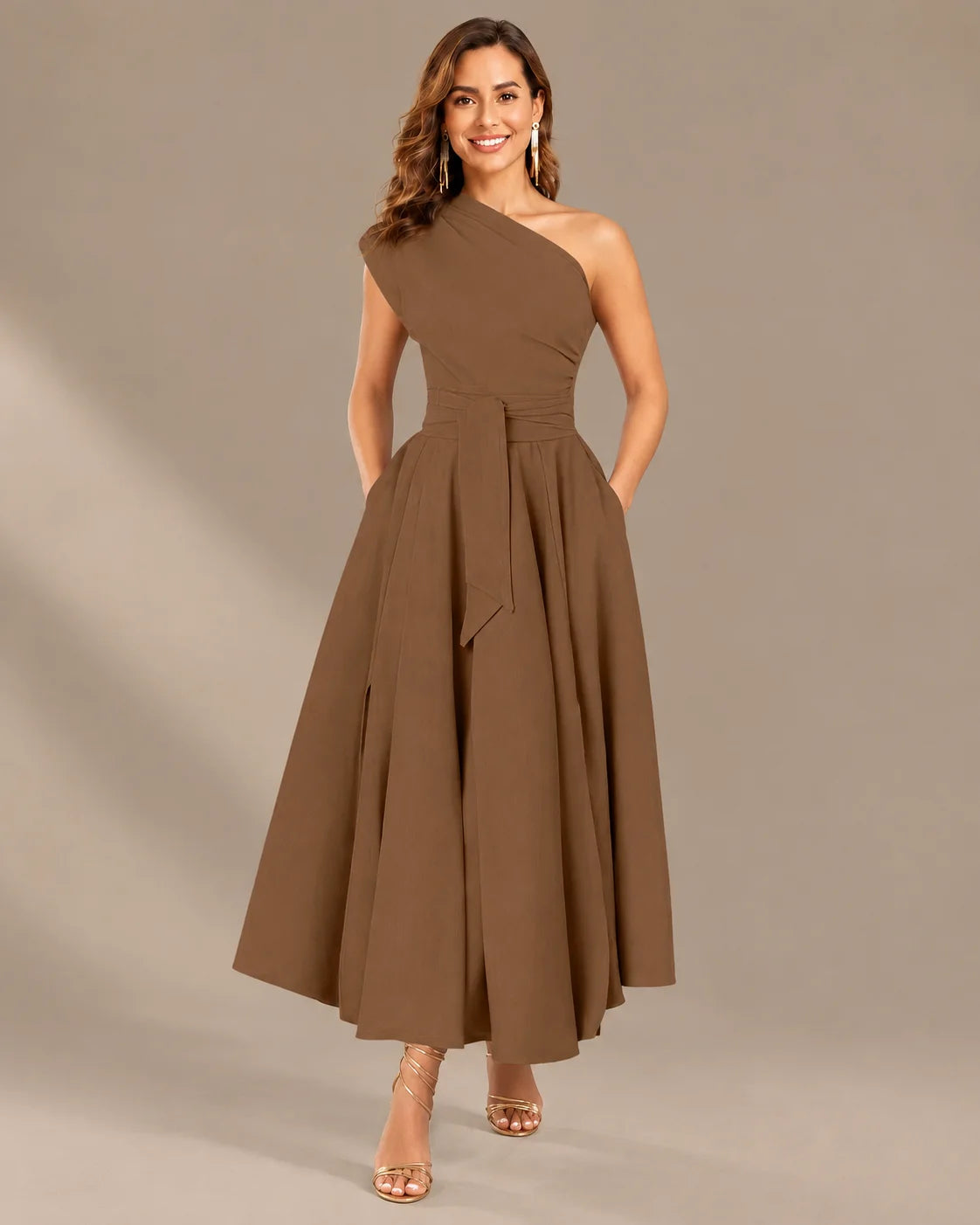 One-Shoulder Cap Sleeve Belted Fit and Flare Midi Dress | Oyese