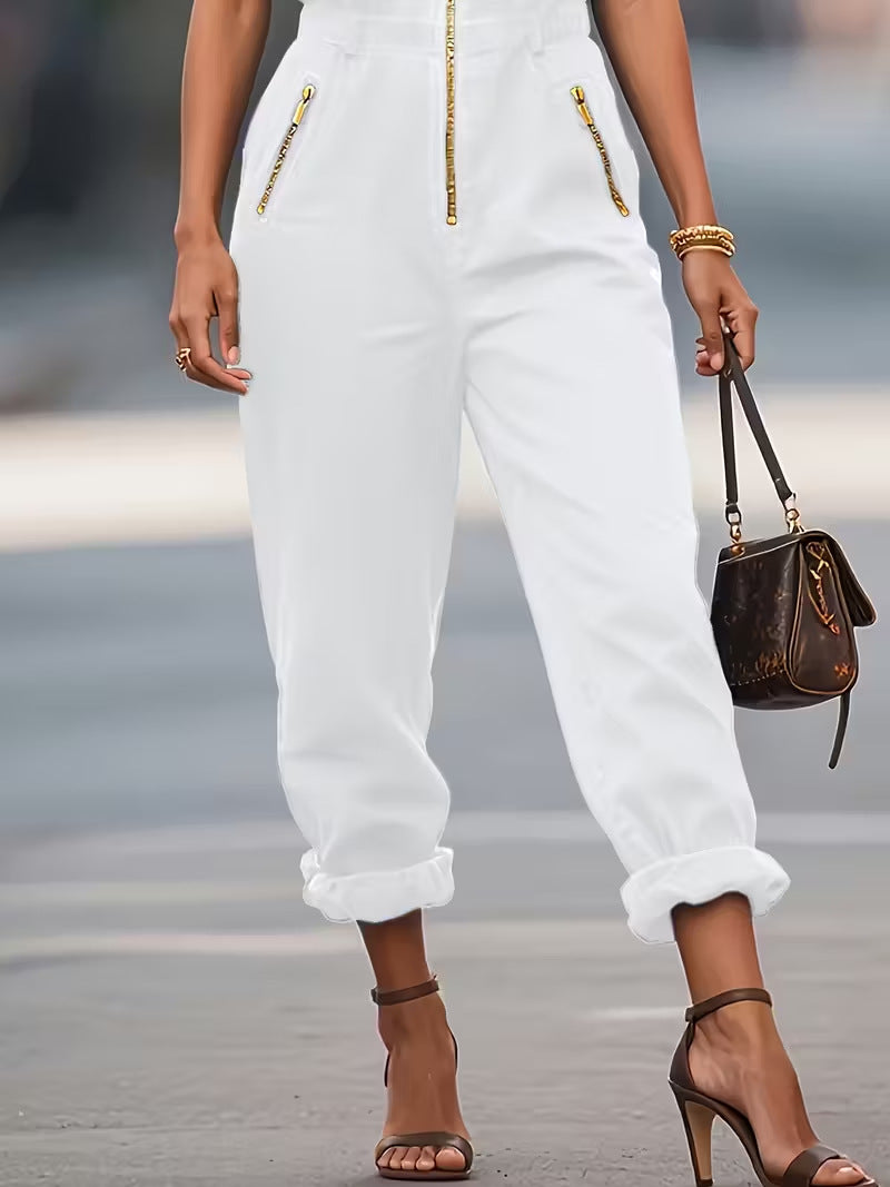 Sleeveless Collared Utility Jumpsuit with Flap Pockets | Oyese