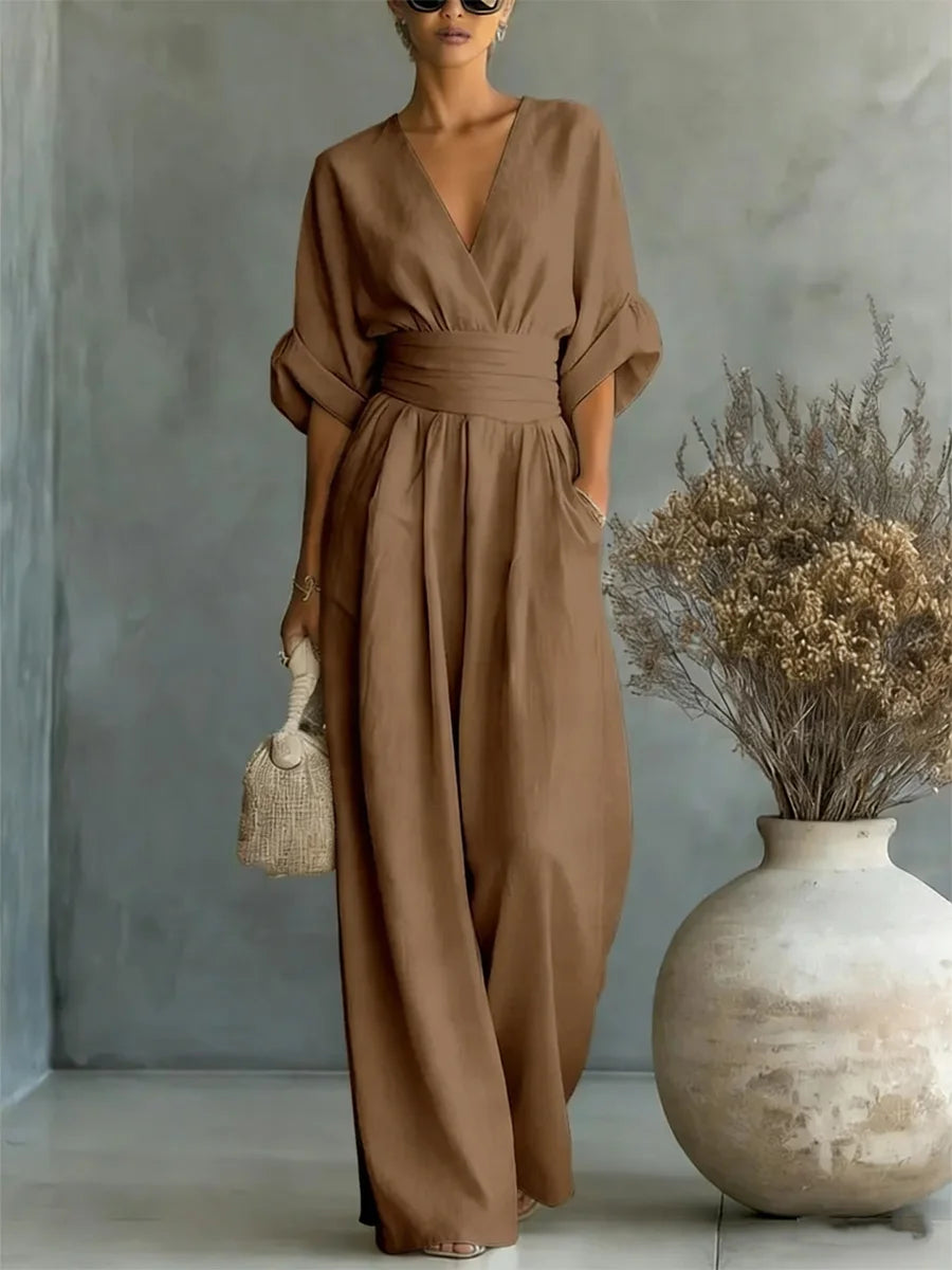 Women's Elegant V-Neck Wide-Leg Jumpsuit
