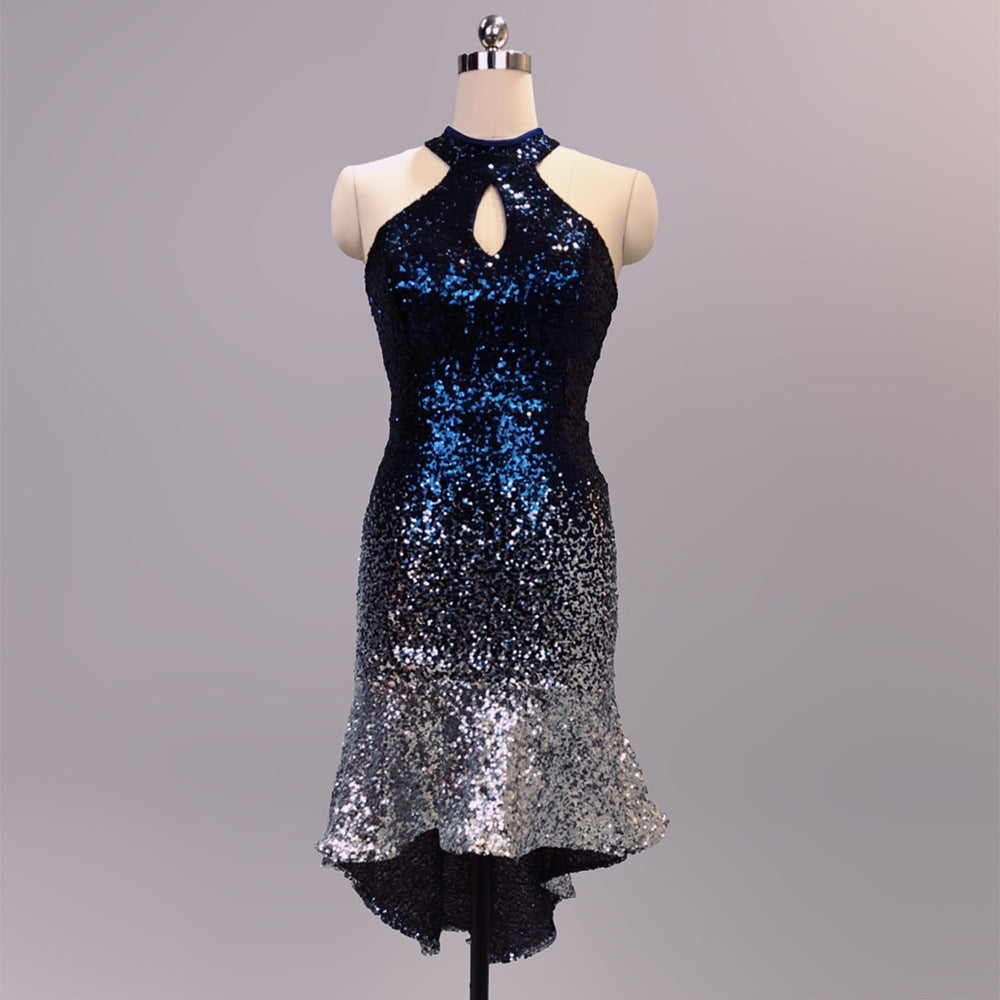 Halter Keyhole Ombre Sequin High-Low Mini Dress | Oyese