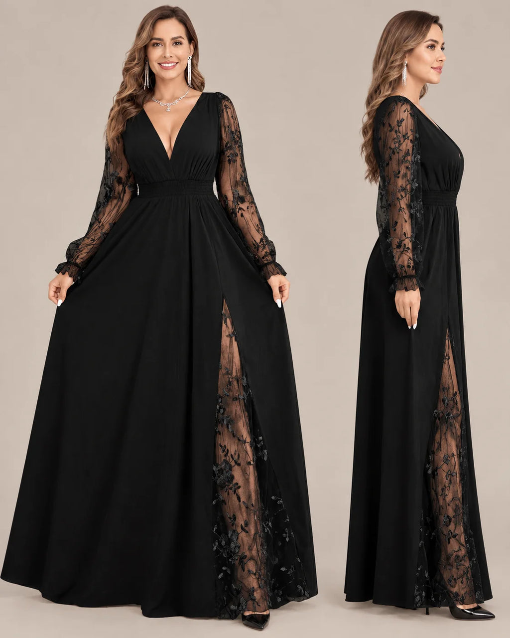 Plus Size Deep V Lace Sleeve Slit Maxi Gown | Oyese