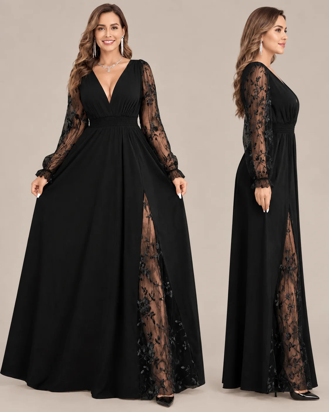 Plus Size Deep V Lace Sleeve Slit Maxi Gown | Oyese